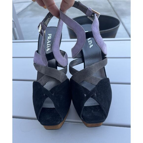Prada Suede Color Block Put Out Heeled Sandals - Size 36.5/ US 5.5 - Multic - Picture 6 of 10